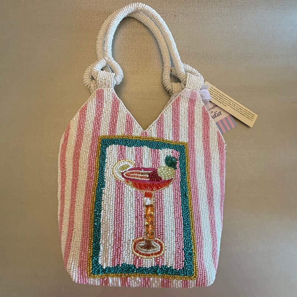 NWT Viral Handcrafted In India Beaded Pink White Striped Tote Cocktail Bag - Picture 7 of 11